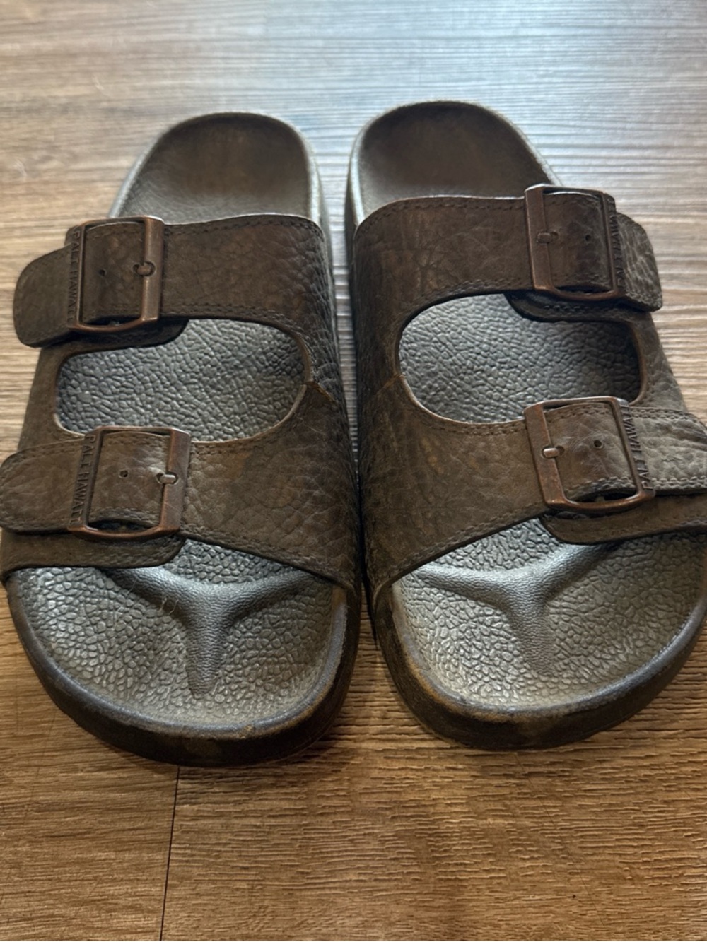 Double-Buckle Slide Sandals in Brown